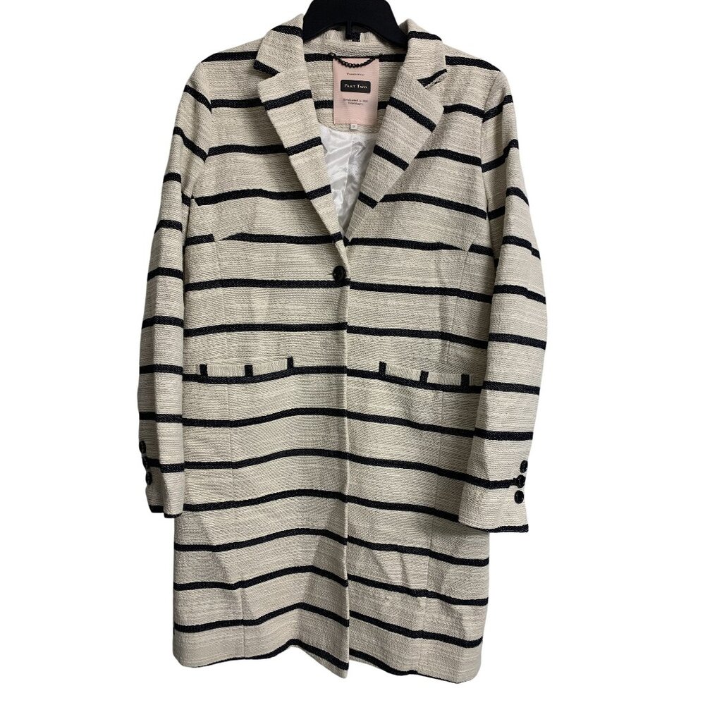 Part Two Size 36 Cream Black Woven Striped Long Jacket Coastal
